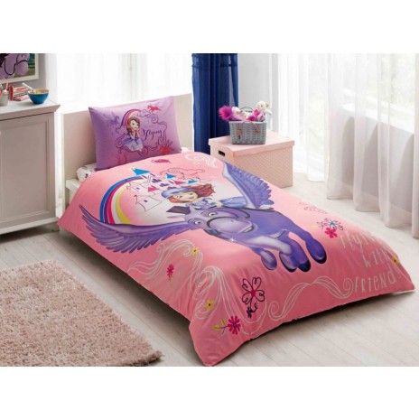 Lenjerie de pat Disney Sofia și Minimus, imprimeu colorat roz violet, 3 piese, bumbac, cearceaf elastic, fata perna, cearceaf pilota