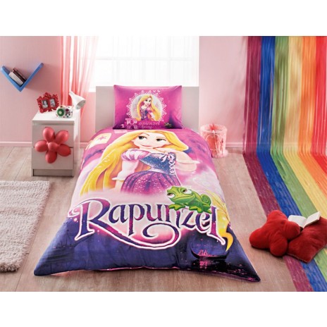 Lenjerie de pat Disney Tac Rapunzel, imprimeu colorat roz mov galben, 3 piese, bumbac, cearceaf elastic, fata perna, cearceaf pilota