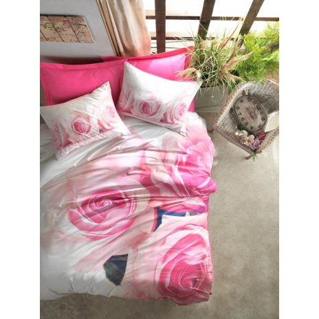 Lenjerie de pat dublu 3D din bumbac 100% ranforce, model Cotton Box Florence - Pink, cu imprimeuri realiste de trandafiri roz și alb.