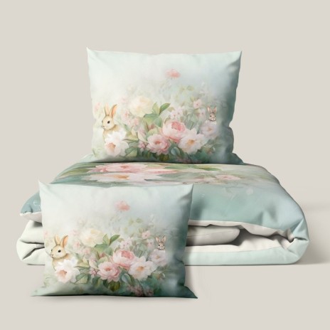 Lenjerie pat dublu 3D Paste bumbac 100% ranforce Romeo floral verde pastel cu iepurasi imprimeu digital
