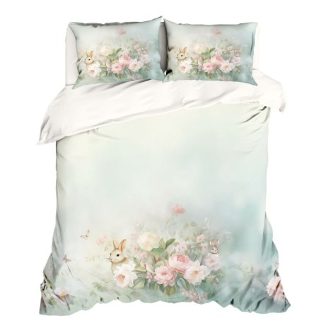 Lenjerie pat dublu 3D Paste bumbac 100% ranforce Romeo floral verde pastel cu iepurasi imprimeu digital