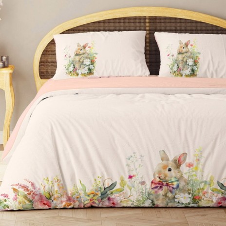 Lenjerie pat dublu 3D bumbac 100% ranforce Vinca roz pal cu flori pastel si iepuras imprimeu digital