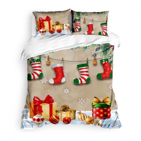 Lenjerie de pat dublu 3D Crăciun din bumbac 100% ranforce, model Cotton Club Await, cu imprimeu festiv cu ciorăpei, cadouri și decorațiuni de Crăciun