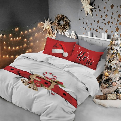 Lenjerie de pat dublu 3D Crăciun cu centura Moș Crăciun și perne festive roșii, bumbac 100% ranforce