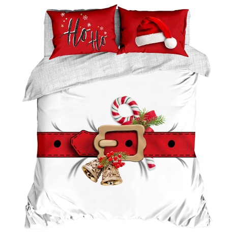 Lenjerie de pat dublu 3D Crăciun cu centura Moș Crăciun și perne festive roșii, bumbac 100% ranforce