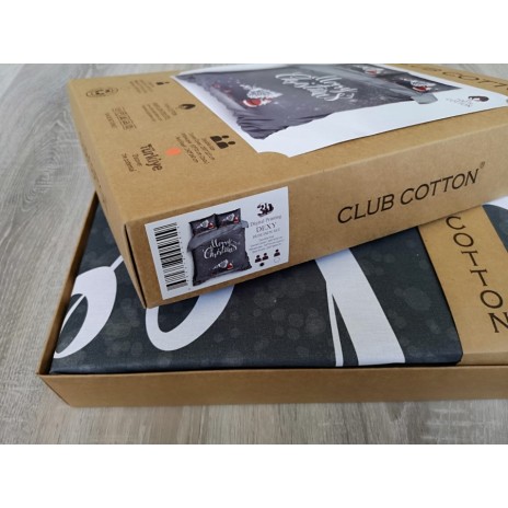 Lenjerie de pat dublu 3D Crăciun din bumbac 100% ranforce, model Cotton Club Dexy, cu imprimeu festiv în gri și alb, cu mesaje de 