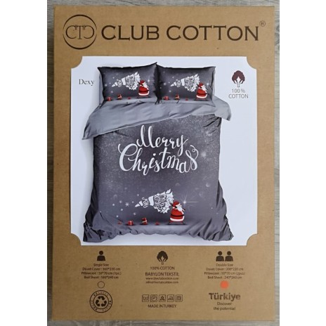 Lenjerie de pat dublu 3D Crăciun din bumbac 100% ranforce, model Cotton Club Dexy, cu imprimeu festiv în gri și alb, cu mesaje de 