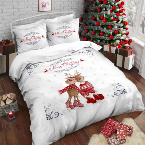 Lenjerie de pat dublu 3D Crăciun cu reni și elemente decorative, bumbac 100% ranforce