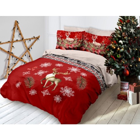 Lenjerie de pat dublu 3D Crăciun din bumbac 100% ranforce, model Cotton Club Handy, cu imprimeu festiv cu reni, fulgi de nea și decoruri de Crăciun.