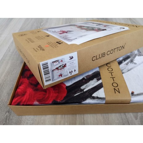 Lenjerie de pat dublu 3D bumbac 100% Ranforce Cotton Club Hoo cu design de Crăciun, ilustrând un om de zăpadă, globuri roșii și fulgi de zăpadă
