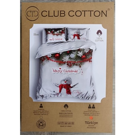 Lenjerie de pat dublu 3D bumbac 100% Ranforce Cotton Club Hoo cu design de Crăciun, ilustrând un om de zăpadă, globuri roșii și fulgi de zăpadă