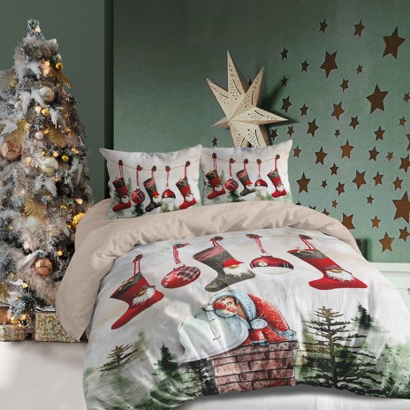 Lenjerie de pat dublu 3D Crăciun cu șosete și globuri festive, bumbac 100% ranforce
