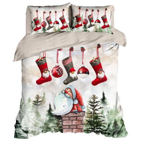 Lenjerie de pat dublu 3D Crăciun cu șosete și globuri festive, bumbac 100% ranforce