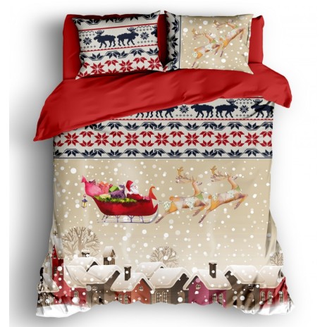 Lenjerie de pat dublu 3D de Crăciun bumbac 100% ranforce cu Moș Crăciun și reni - Cotton Club Snowy