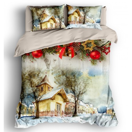 Lenjerie de pat dublu 3D de Crăciun bumbac 100% ranforce cu peisaje de iarnă și decorațiuni - Cotton Club Vista