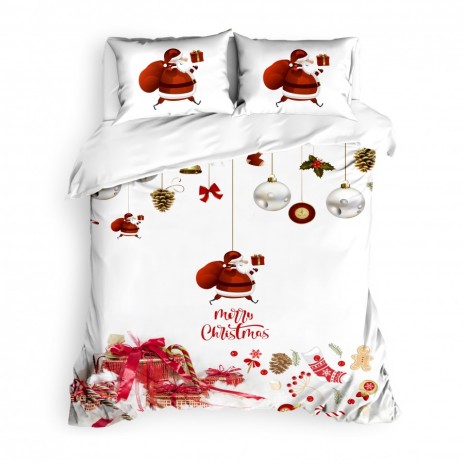 Lenjerie de pat dublu 3D bumbac 100% Ranforce Cotton Club Zilo cu design de Crăciun, ilustrând Moș Crăciun, globuri aurii și argintii, ciorapi decorați și cadouri roșii