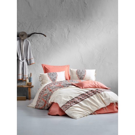 Lenjerie de pat dublu bumbac 100% ranforce cu design brodat crem și somon, set de 6 piese