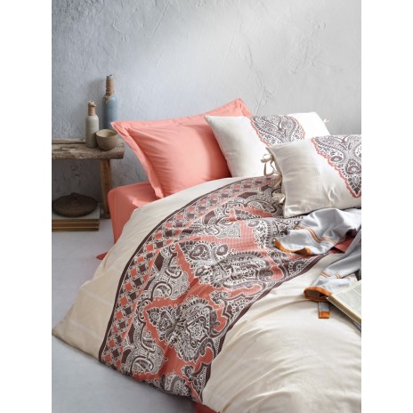 Lenjerie de pat dublu bumbac 100% ranforce cu design brodat crem și somon, set de 6 piese