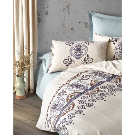 Lenjerie de pat dublu bumbac 100% ranforce cu design brodat crem și albastru, set de 6 piese