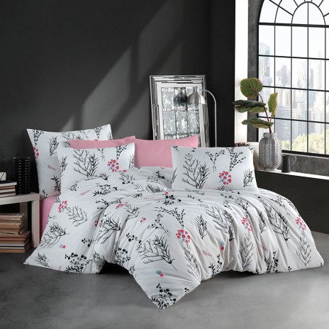 Lenjerie de pat Nazenin Home Beauty din bumbac 100% ranforce cu design floral roz și negru pe fundal alb