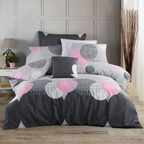 Lenjerie de pat dublu bumbac 100% ranforce Nazenin Home cu 6 piese și design modern cu cercuri și inimi în nuanțe de gri, alb și roz pe fundal alb și gri închis.