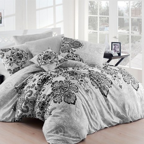 Lenjerie de pat dublu Nazenin Home Luxury Gri din 100% bumbac ranforce cu 6 piese, prezentând un design sofisticat monocromatic cu modele ornamentale. Textura fină și calitatea ranforce a bumbacului asigură confort și durabilitate, transformând orice dorm