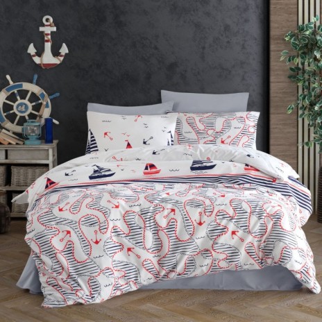 Set de lenjerie de pat Nazenin Home din bumbac ranforce, 6 piese, cu design maritim în nuanțe de albastru și roșu pe fundal alb