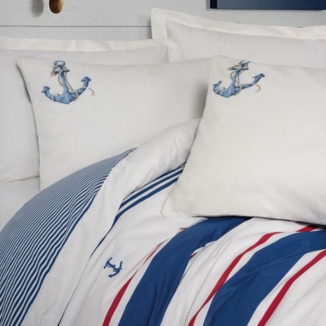 Lenjerie de pat dublu bumbac 100% ranforce, Cotton Box Brine Ecru, cu imprimeu marin în dungi albastre și roșii și broderii cu ancore albastre