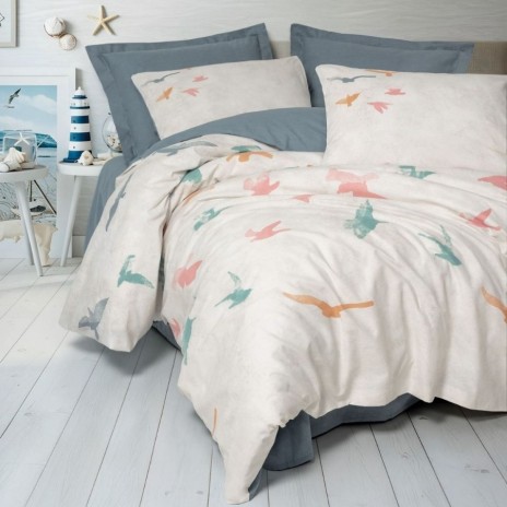 Lenjerie de pat dublu bumbac 100% ranforce, Cotton Box Kaija, cu imprimeu pescăruși colorați în pastel pe fundal crem texturat, cearceaf gri contrastant