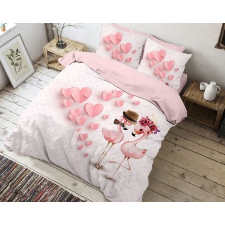 Lenjerie de pat dublu bumbac 100% ranforce Club Cotton Amoro, flamingo îndrăgostiți, alb și roz