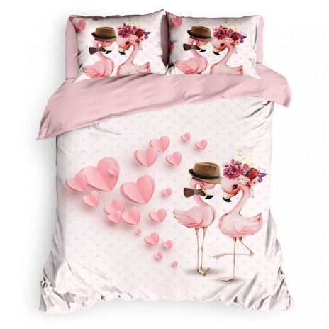 Lenjerie de pat dublu bumbac 100% ranforce Club Cotton Amoro, flamingo îndrăgostiți, alb și roz