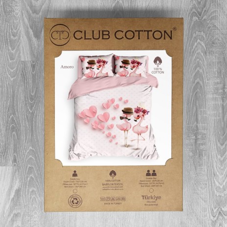 Lenjerie de pat dublu bumbac 100% ranforce Club Cotton Amoro, flamingo îndrăgostiți, alb și roz