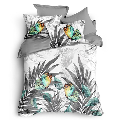 Lenjerie de pat cu design exotic de fluturi colorați în nuanțe de verde și portocaliu printre frunze gri pe fundal alb