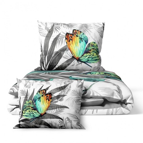 Lenjerie de pat cu design exotic de fluturi colorați în nuanțe de verde și portocaliu printre frunze gri pe fundal alb