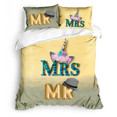 Lenjerie de pat dublu bumbac 100% ranforce Club Cotton Cary galben-verde cu inscripții MR și MRS și elemente grafice