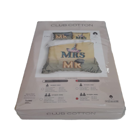Lenjerie de pat dublu bumbac 100% ranforce Club Cotton Cary galben-verde cu inscripții MR și MRS și elemente grafice