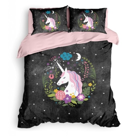 Lenjerie de pat dublu bumbac 100% ranforce Club Cotton Dreamy Double, unicorn, roz, alb și negru