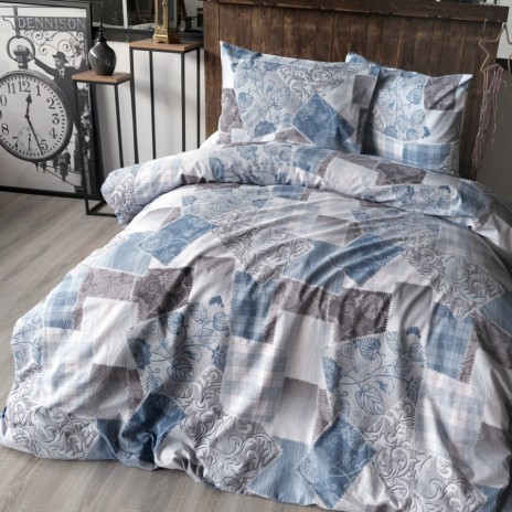 Lenjerie de pat dublu din bumbac 100% ranforce cu design patchwork în nuanțe de albastru și gri, motive florale și carouri