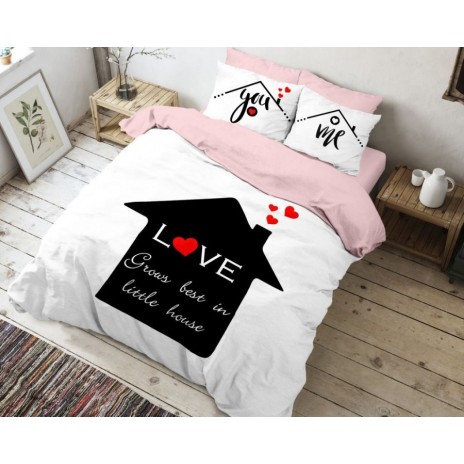 Lenjerie de pat dublu bumbac 100% ranforce Club Cotton Happy House alb-negru-roz cu text și inimioare