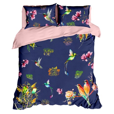 Lenjerie de pat dublu din bumbac ranforce cu model de păsări și flori colorate în nuanțe de roz, verde, galben și albastru pe fundal bleumarin