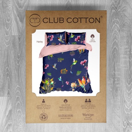 Lenjerie de pat dublu din bumbac ranforce cu model de păsări și flori colorate în nuanțe de roz, verde, galben și albastru pe fundal bleumarin