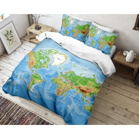Lenjerie de pat dublu din bumbac 100% ranforce, cu imprimeu Harta Lumii, perfectă pentru pasionații de călătorii și geografie.