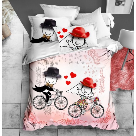 Lenjerie de pat dublu bumbac 100% ranforce Club Cotton Humy, cuplu pe bicicletă