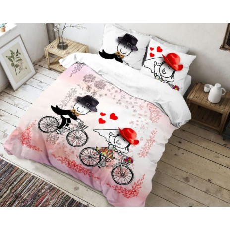 Lenjerie de pat dublu bumbac 100% ranforce Club Cotton Humy, cuplu pe bicicletă