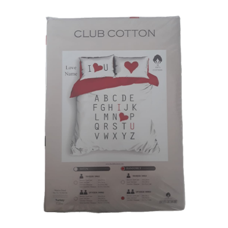 Lenjerie de pat dublu bumbac 100% ranforce Club Cotton Love Name alb-roșu-negru cu litere și inimioare