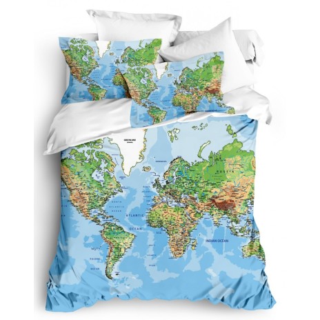Lenjerie de pat dublu din bumbac 100% ranforce, cu imprimeu Harta Lumii, perfectă pentru pasionații de călătorii și geografie.