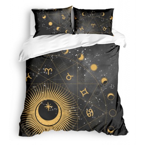 Lenjerie de pat cu design zodiacal auriu și simboluri astrale pe fundal negru stelar