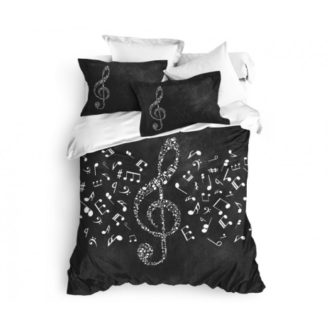 Lenjerie de pat dublu bumbac 100% ranforce Club Cotton Musicol, note muzicale, alb și negru