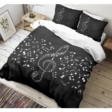 Lenjerie de pat dublu bumbac 100% ranforce Club Cotton Musicol, note muzicale, alb și negru