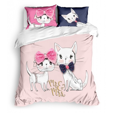 lenjerie de pat, bumbac ranforce, lenjerie dublu, roz pal, imprimeuri de pisicuțe, fundițe, design jucăuș, Club Cotton Pisy Cats